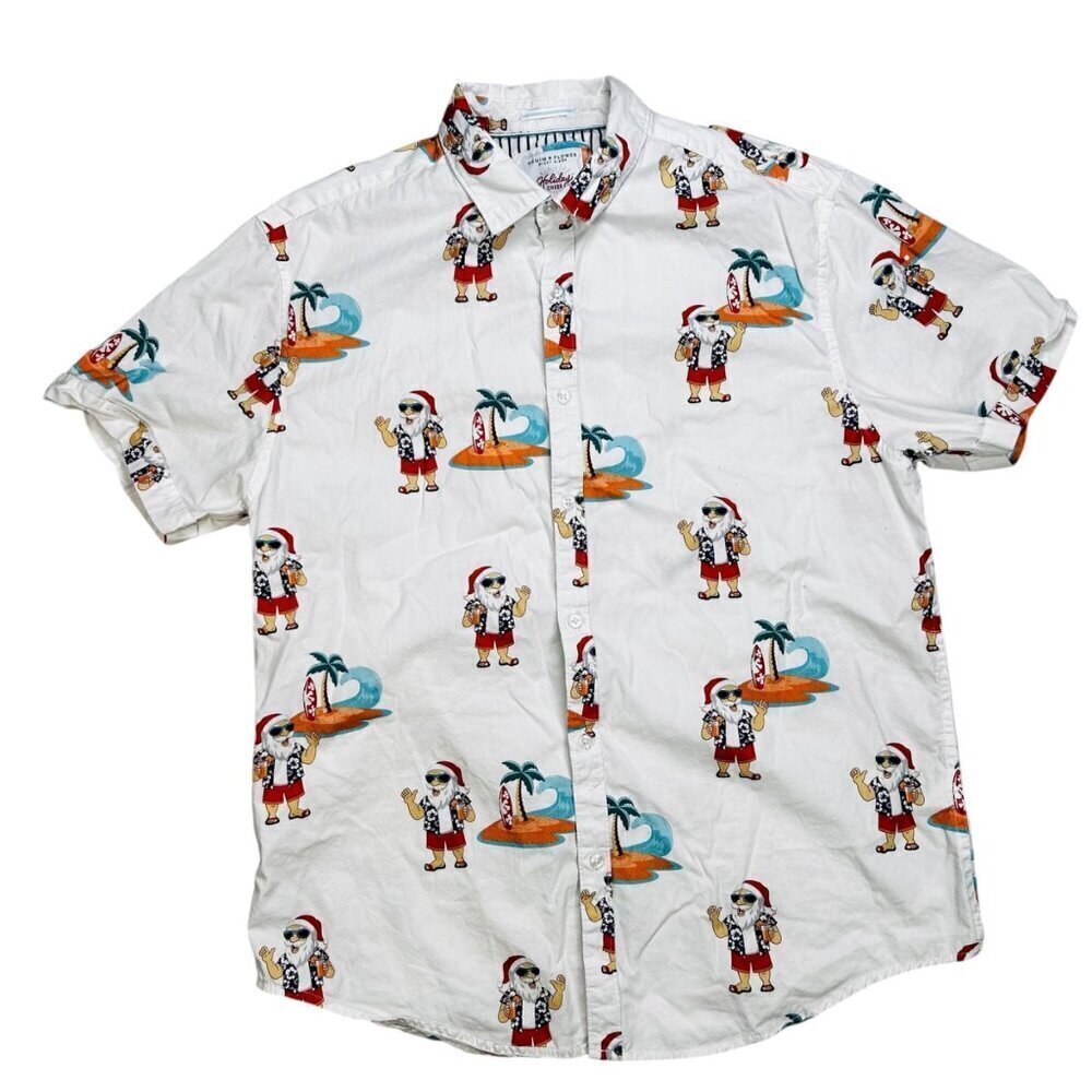 Denim & Flower Surfin Santa Large Cotton Hawaiian Christmas Shirt Santa Palm Tre
